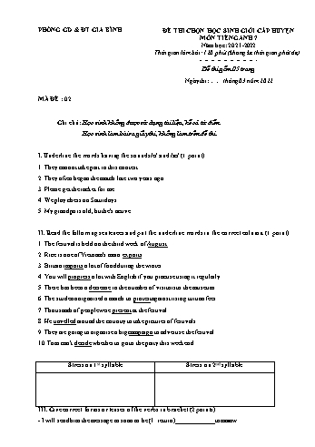 Đề thi chọn HSG cấp huyện môn Tiếng Anh 7 - Mã đề 02 - Năm học 2021-2022 - Phòng GD&ĐT Gia Bình