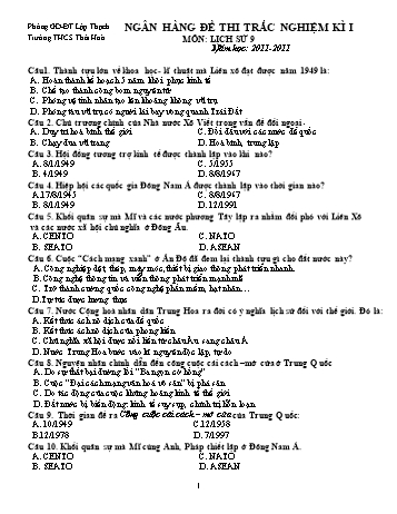 Đề thi trắc nghiệm kì I môn Lịch sử Lớp 9 - Trường THCS Thái Hòa (Có đáp án)