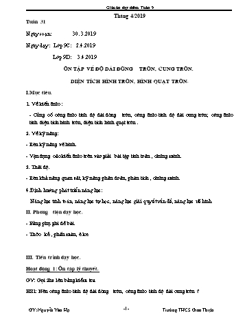 Giáo án dạy thêm Toán 9 (Tháng 4) - Tuần 31 đến 34 - Năm học 2018-2019 - Nguyễn Văn Hạ