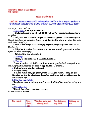 Giáo án Ngữ văn Lớp 8 - Chủ đề: Hình ảnh người nông dân trước cách mạng Tháng 8 qua đoạn trích “Tức nước vỡ bờ” và truyện ngắn “Lão Hạc” - Năm học 2016-2017 - Trịnh Văn Lục