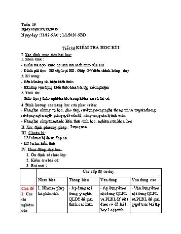 Giáo án Sinh học Lớp 9 - Tiết 36: Kiểm tra học kì I - Năm học 2019-2020