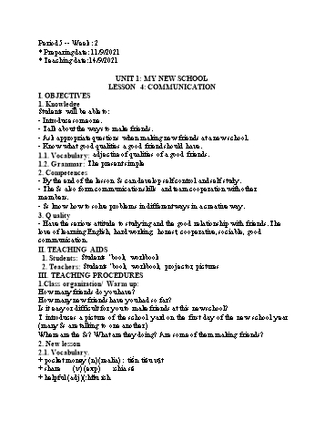 Giáo án Tiếng Anh Lớp 6 - Period 5, Unit 1: My new school - Lesson 4: Communication - Năm học 2021-2022