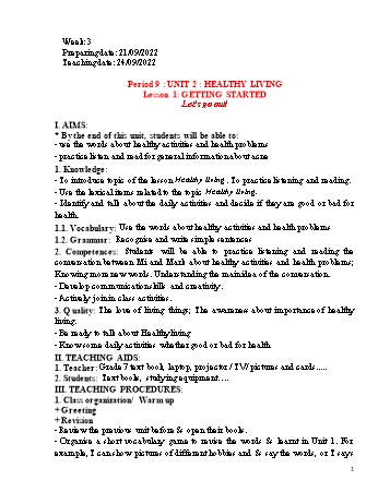 Giáo án Tiếng Anh Lớp 7 - Period 9, Unit 2: Healthy living - Lesson 1: Getting started - Năm học 2022-2023