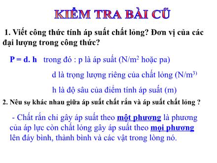 Bài giảng Vật lí Lớp 8 - Tiết 10, Bài 8: Bình thông nhau. Máy nén thủy lực