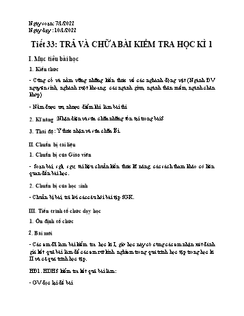 Giáo án Sinh học Lớp 7 - Tiết 33: Trả và chữa bài kiểm tra học kì 1 - Năm học 2021-2022