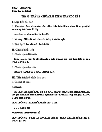 Giáo án Sinh học Lớp 8 - Tiết 33: Trả và chữa bài kiểm tra học kì 1 - Năm học 2021-2022
