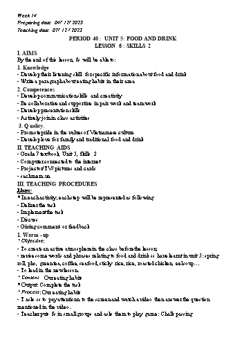 Giáo án Tiếng Anh 7 Global Success - Period 40, Unit 5: Food and drink - Lesson 6: Skills 2 - Năm học 2023-2024