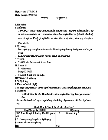 Giáo án Vật lí Lớp 8 - Tiết 2: Vận tốc - Năm học 2018-2019