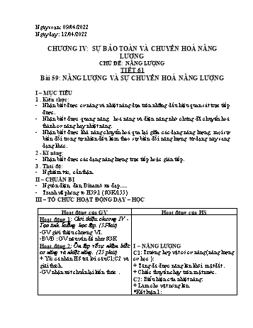 Giáo án Vật lí Lớp 9 - Tiết 61, Bài 59: Năng lượng và sự chuyển hóa năng lượng - Năm học 2021-2022